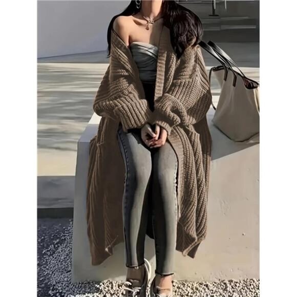 Womens Long Cardigan Sweaters Open Front Oversized Light Brown - Picture 5 of 5